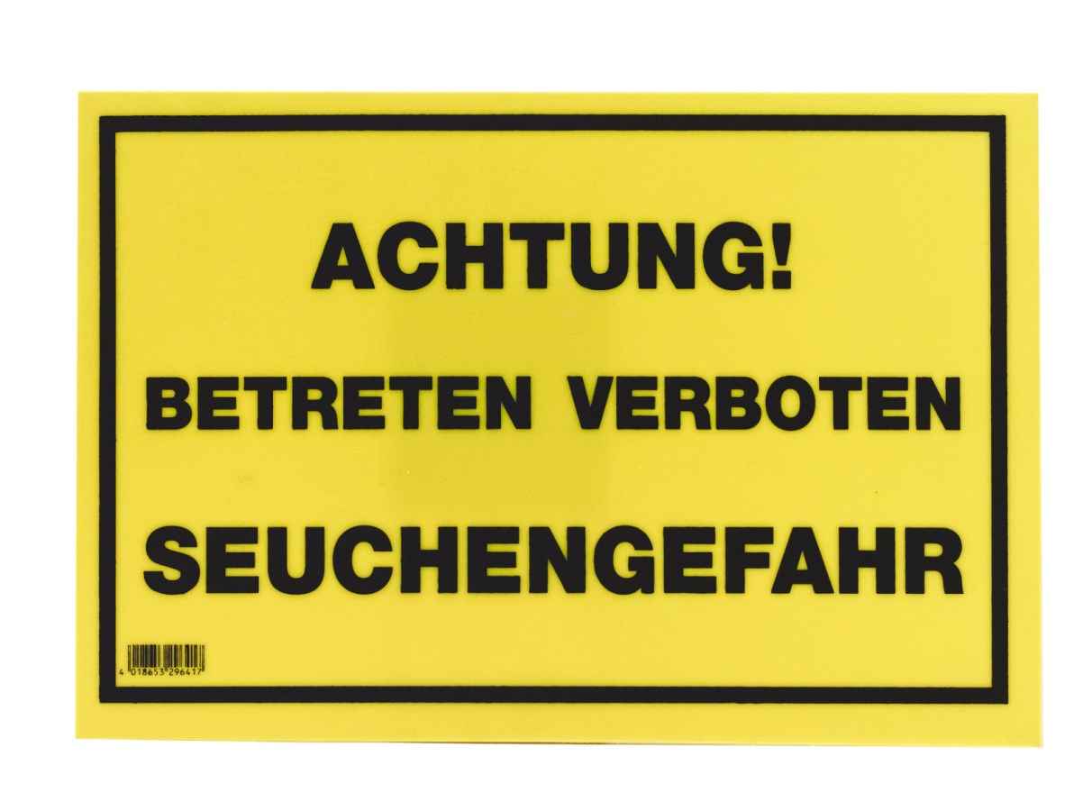 Warnschild mit gelbem Hintergrund, schwarze Warnhinweise, Betreten verboten, Seuchengefahr, Kunststoff, 30x20cm