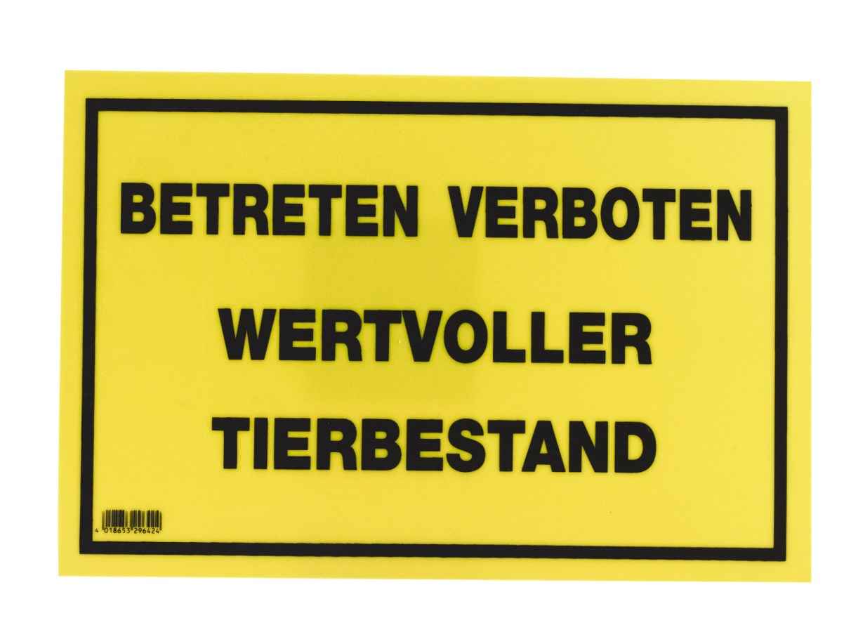 Warnschild mit gelbem Hintergrund, schwarze Warnhinweise, Betreten verboten, wertvoller Tierbestand, Kunststoff, 20x12cm