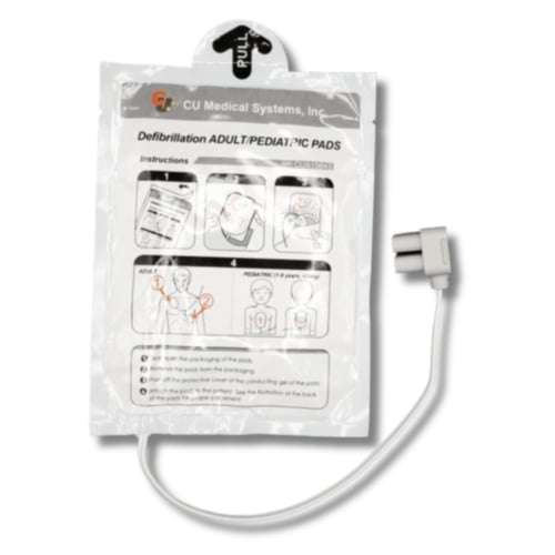 CU Medical SPR SMART Elektroden für Erwachsene und Kinder, kompatibel mit AED-Geräten, in versiegelter Verpackung mit Anleitung.