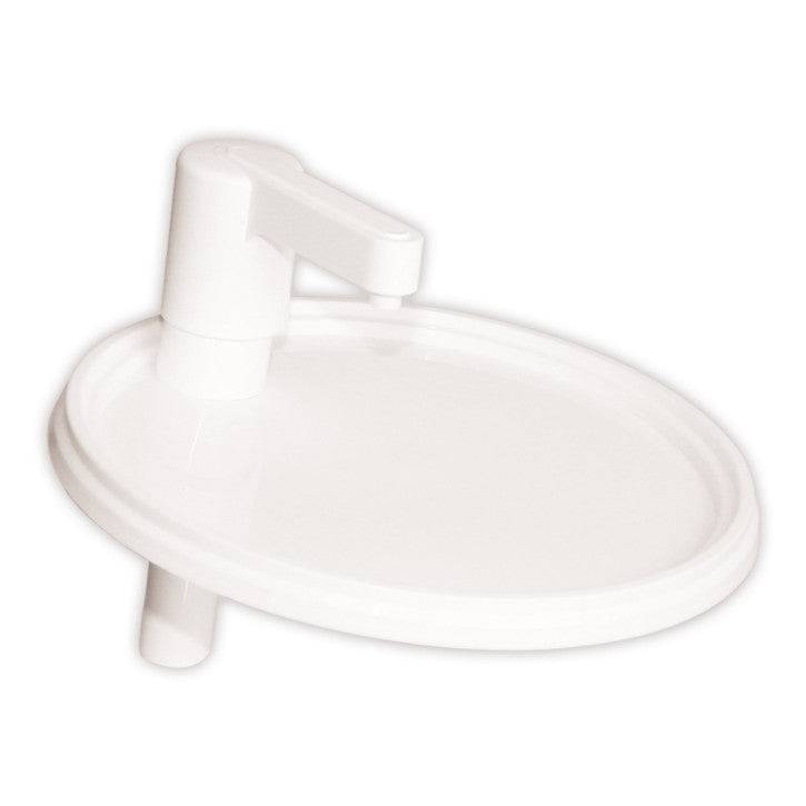 HAIX - Spender für 2,5 kg Eimer zur Dosierung des Schuhpflegemittels, weißer Kunststoffaufsatz für Schuhcremebehälter im Haushalt.