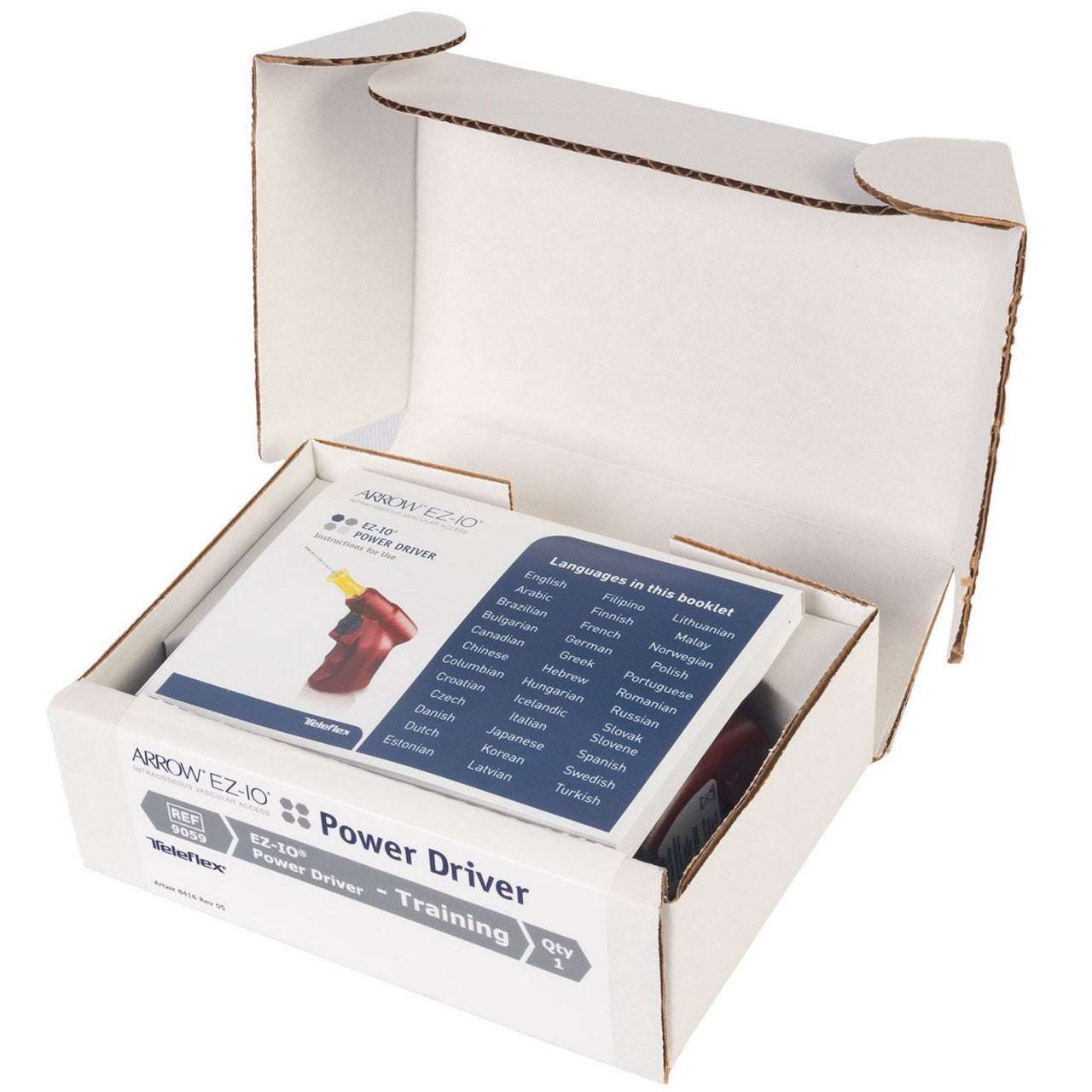 Geöffnete Box mit EZ-IO® Arrow® G3 Knochenbohrer für den intraossären Zugang, inklusive Anleitung für medizinisches Training und Anwendung.