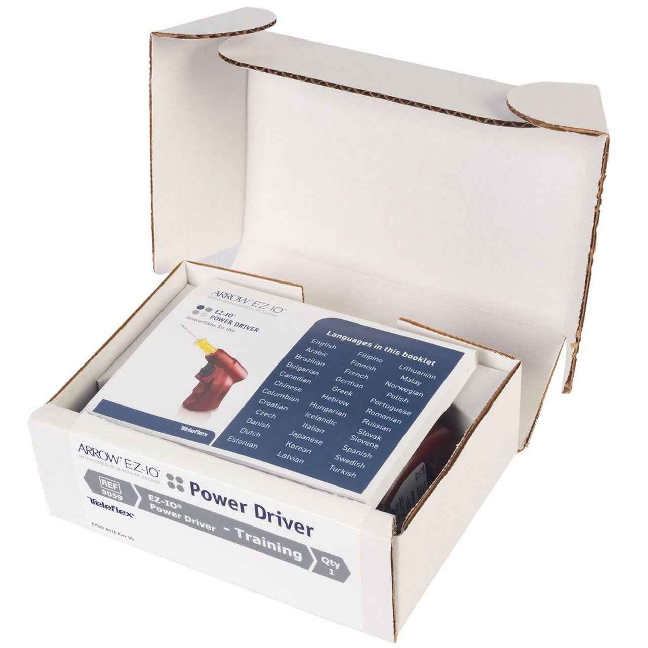 Geöffnete Box mit EZ-IO® Arrow® G3 Knochenbohrer für den intraossären Zugang, inklusive Anleitung für medizinisches Training und Anwendung.