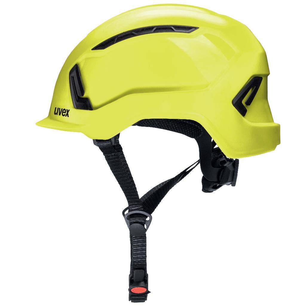 uvex pronamic alpine E Mips® Schutzhelm hi-viz Gelb seitlich mit ergonomischem Design und Kinnriemen für zuverlässigen Schutz im Arbeitsumfeld.