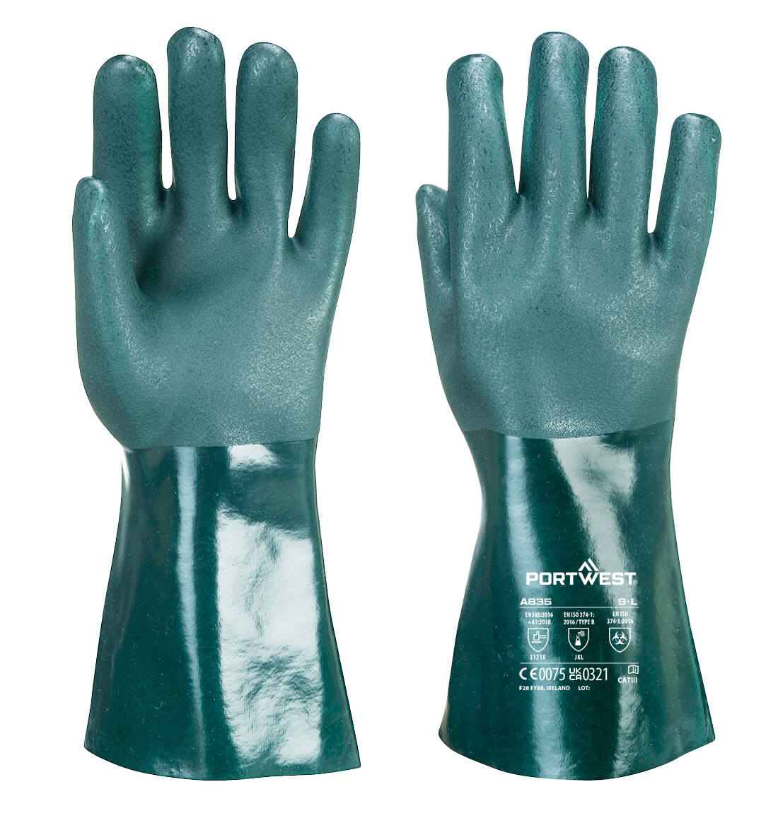 Paar Chemikalienschutzhandschuhe PVC A835 mit rauer Innenfläche, doppelt getaucht für optimalen Grip und Schutz bei chemischen Arbeiten.