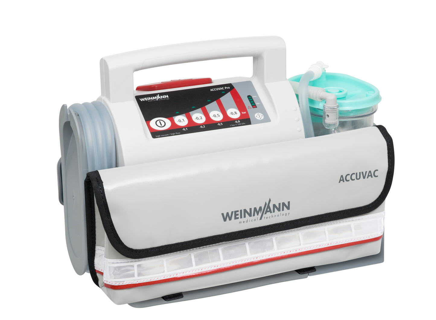 ACCUVAC Pro, elektrisches Absauggerät mit Schutzabdeckung und WEINMANN-Logo, ideal für den mobilen Einsatz im Rettungsdienst.
