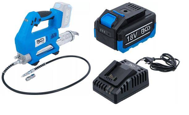 Akku-Fettpresse BGS 18 V im SET mit Akku und Ladegerät, perfekt für mobiles Abschmieren an Maschinen und Bauteilen.
