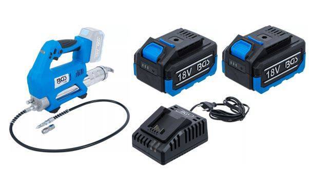SET der Akku-Fettpresse BGS 18 V mit zwei Akkus und Ladegerät, ideal für intensive Wartungseinsätze an Maschinen und Bauteilen.