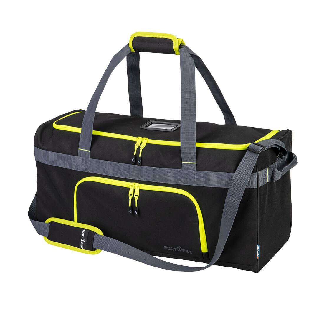 Wasserdichte Reisetasche Seesack Schwarz B960 - 60L mit gelben Reißverschlüssen und robustem 600D-Polyester, ideal als Werkzeugtasche.