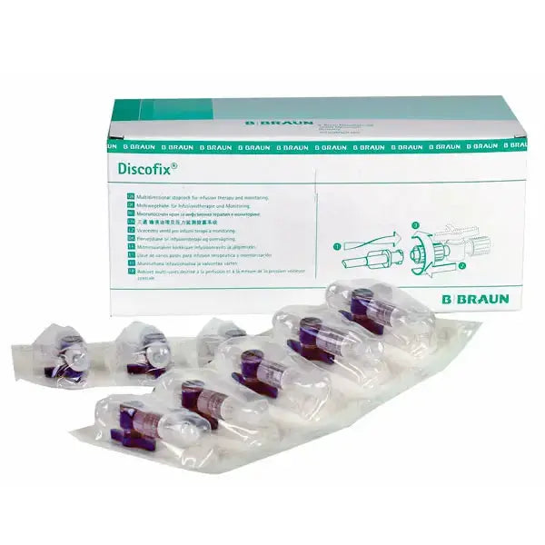 Discofix-3 Dreiwegehähne von B.Braun für Infusionstherapie. PVC- und latexfrei, 360° drehbar, kompatibel mit Druckinfusionssystemen.