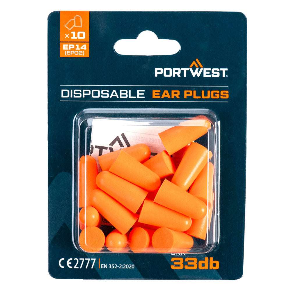 PU-Schaum EP14 Gehörschutzstöpsel (10 Paar) Portwest EP14ORR in transparenter Verpackung, orangefarbene Einweg-Ohrstöpsel mit 33 dB Schutz.