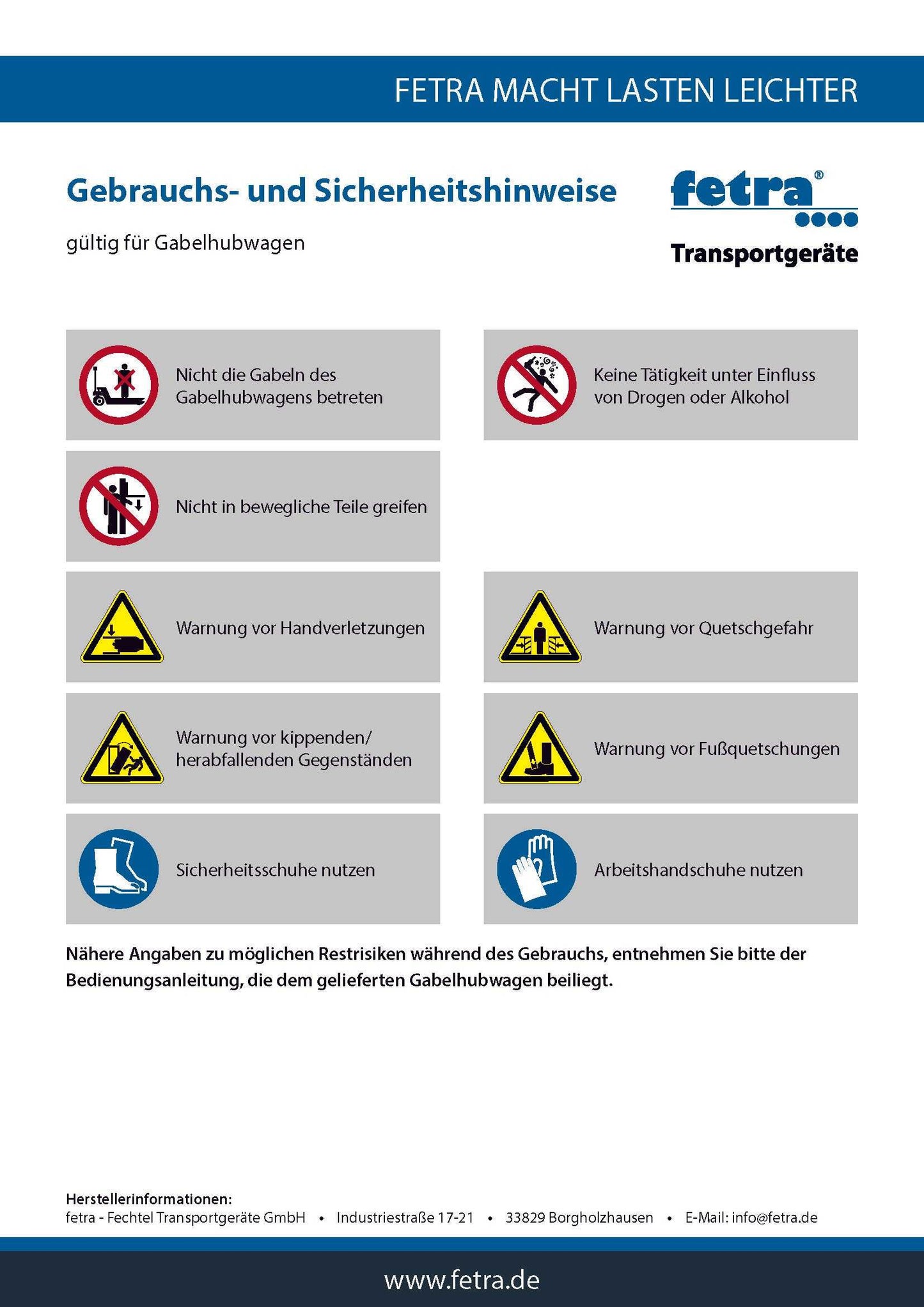 Sicherheits- und Gebrauchshinweise für Gabelhubwagen 2500 kg Tragkraft von Fetra, inklusive Warnungen und empfohlener Schutzmaßnahmen.