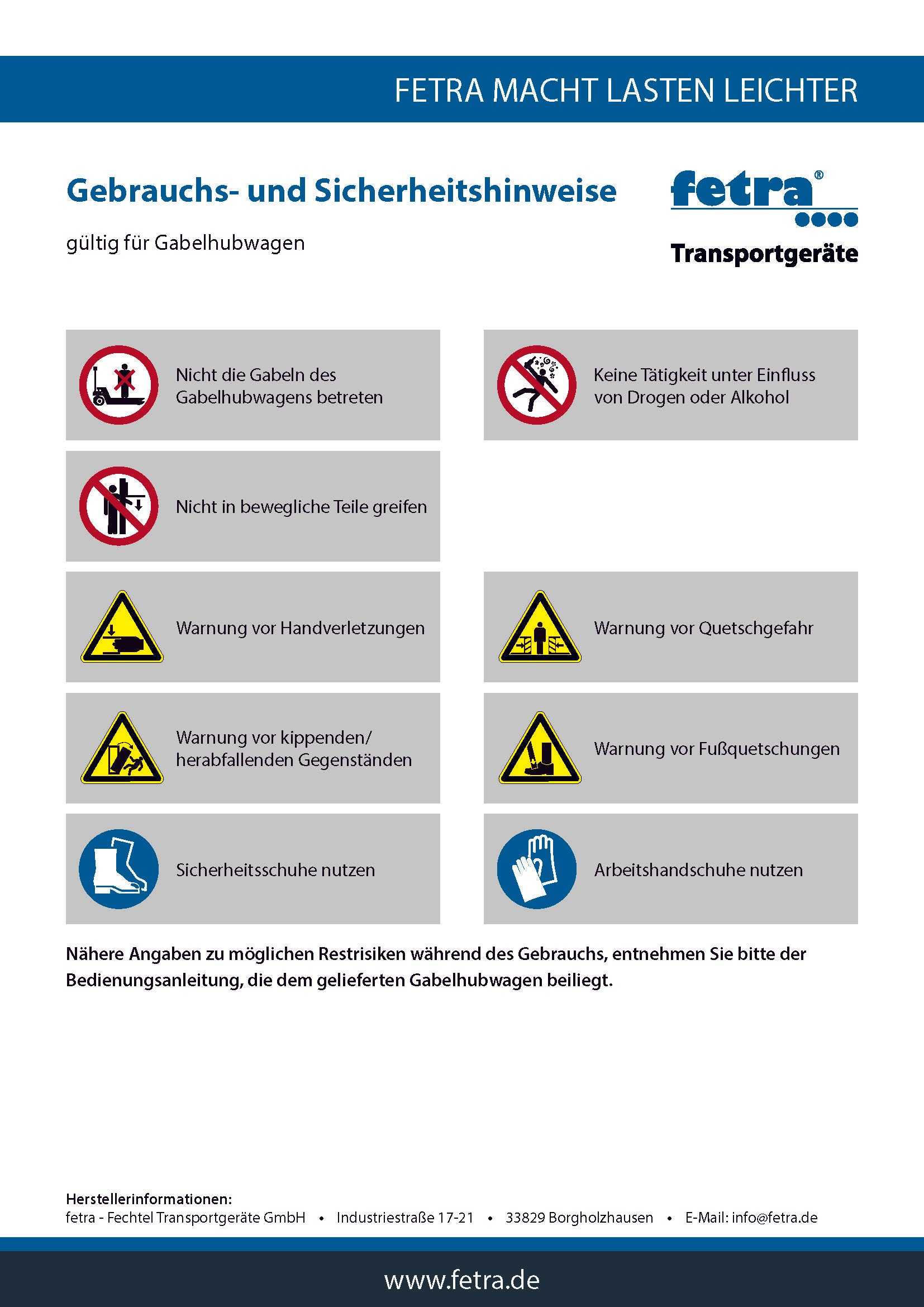 Sicherheits- und Gebrauchshinweise für Gabelhubwagen 2500 kg Tragkraft von Fetra, inklusive Warnungen und empfohlener Schutzmaßnahmen.