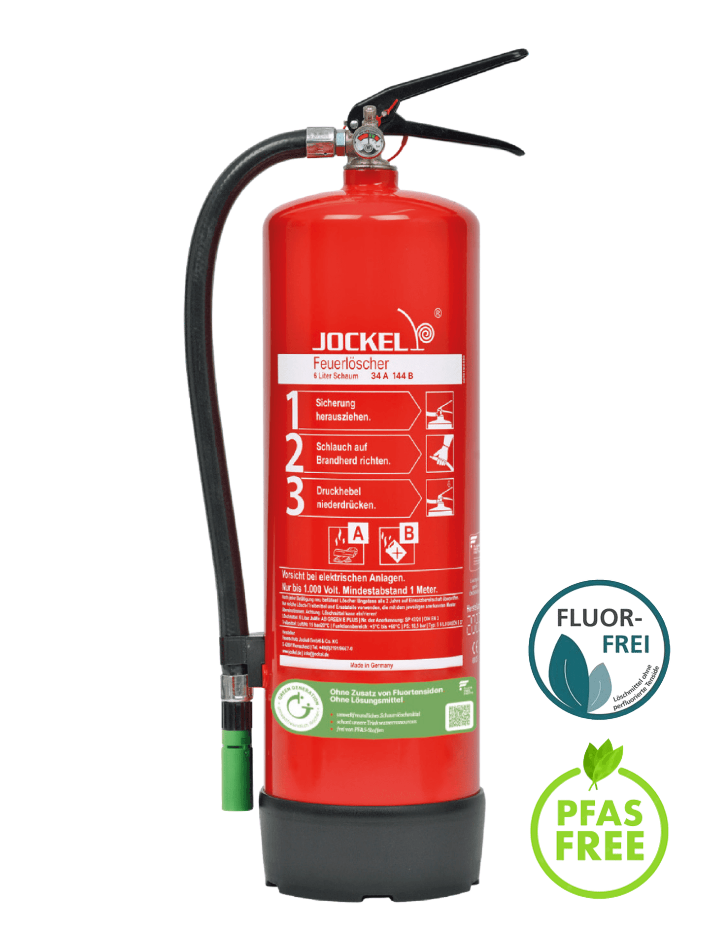 Jockel S6LJM Green 2.0 Feuerlöscherschaum mit 6L fluorfreier Löschleistung, ideal für Haushalt und Gewerbe. PFAS-freier Schaumfeuerlöscher mit Dauerdrucktechnik.