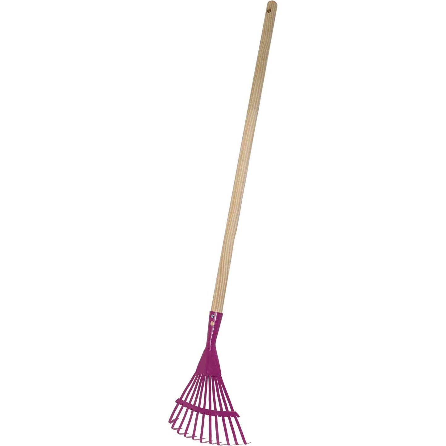 Kinder-Fächerbesen mit 11 Zinken und geradem Holzstiel in Pink. Perfekt für kleine Gärtner zum Spielen und Lernen im Garten.