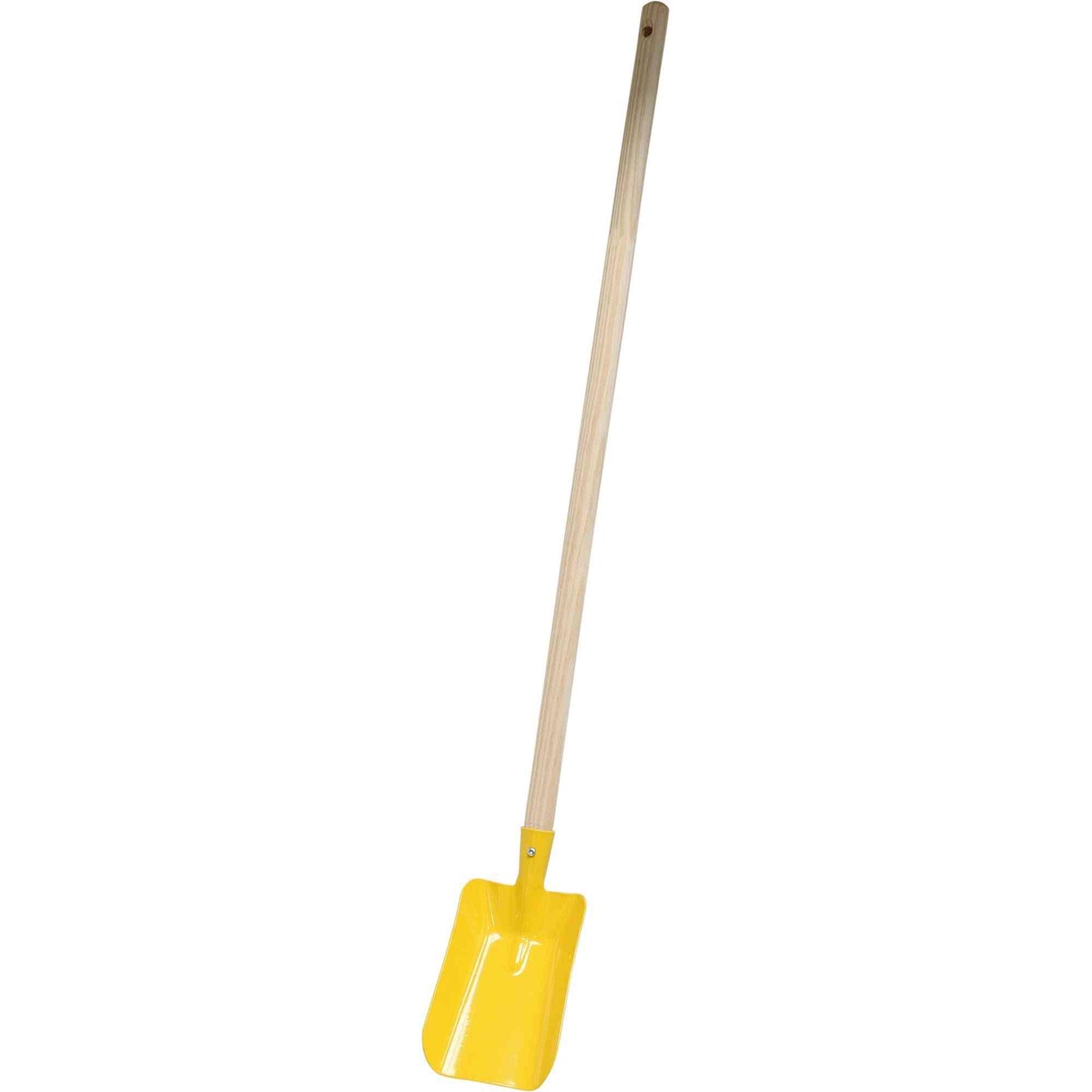 Kinder-Schaufel mit geradem Holzstiel und gelbem Schaufelblatt, ideal für Garten- und Sandkastenspiele. Robust und kindgerecht gestaltet.