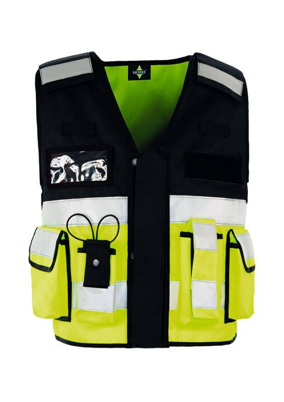Zweifarbige Tactical Vest Bonn in Schwarz-Gelb mit Reflexstreifen und vielseitigen Taschen für Sicherheits- und Eventpersonal.