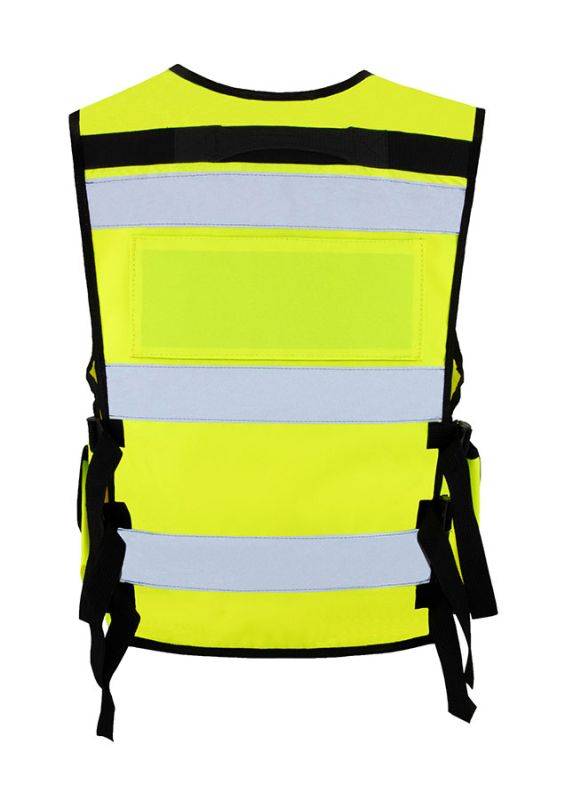 Rückseite der neongelben Tactical Vest Bonn mit breiten Reflexstreifen und verstellbaren Seitenriemen für optimale Passform.
