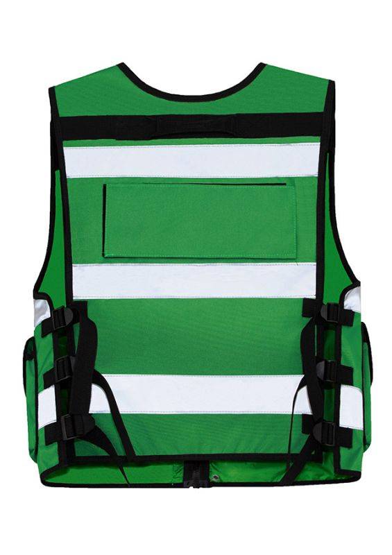 Rückansicht der grünen Tactical Vest Bonn mit breiten Reflexstreifen und verstellbaren Seitenriemen für optimale Passform.