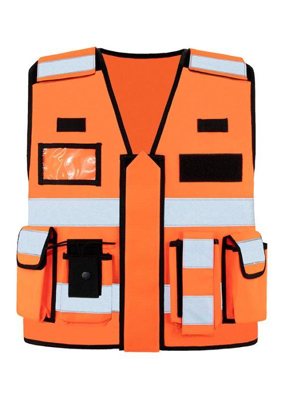 Orange Tactical Vest Bonn mit reflektierenden Streifen, Klettflächen und Halterungen für professionelle Einsätze.