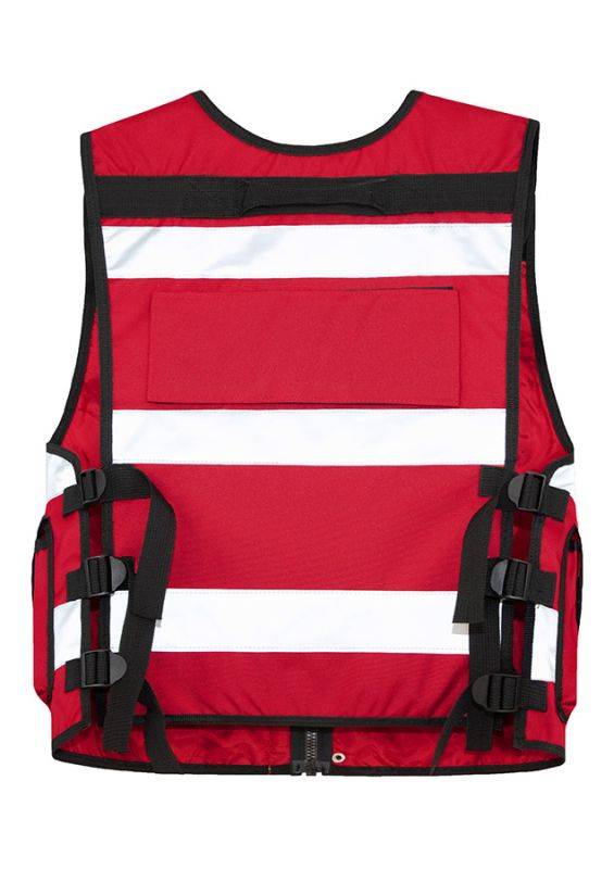 Rückseite der roten Tactical Vest Bonn mit breiten Reflexstreifen und Klettfläche für individuelle Beschriftung.
