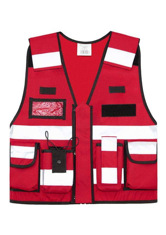 Rote Tactical Vest Bonn mit Reflexstreifen und multifunktionalen Taschen, ideal für Rettungsdienste und Sicherheitskräfte.