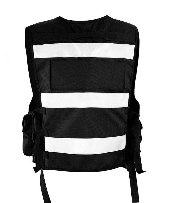 Rückansicht der schwarzen Tactical Vest Bonn mit breiten Reflexstreifen und seitlichen Verstellmöglichkeiten.