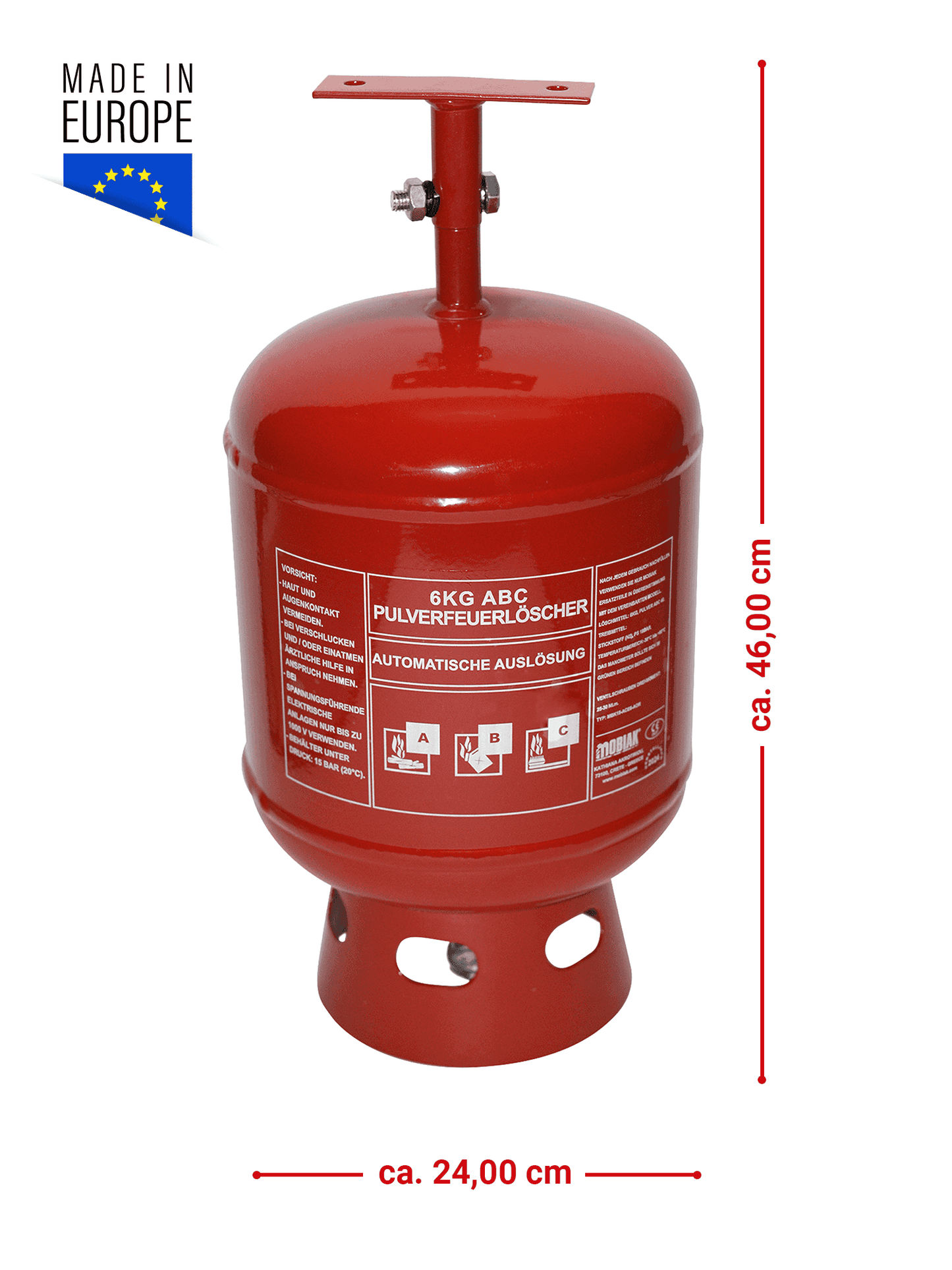 Maße des Automatik Pulver Feuerlöschers 68°C: ca. 46 cm hoch und 24 cm breit, Made in Europe, für Brandschutz in Innenräumen.