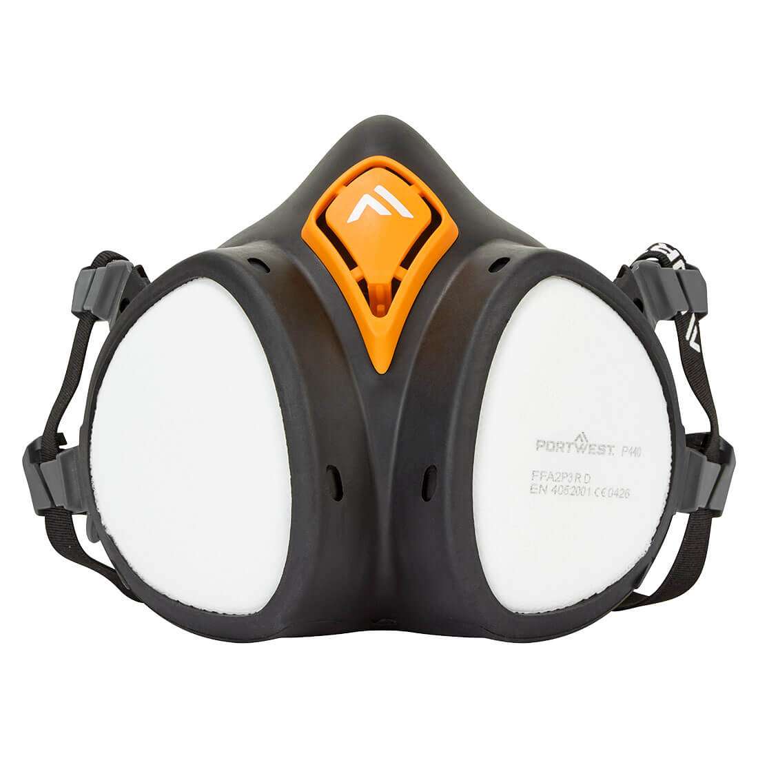 Halbmaske Gebrauchsfertig P440 A2P3 Portwest Schwarz mit integriertem Filter und TPE-Körper, ideal für Industrie- und Bauarbeiten.