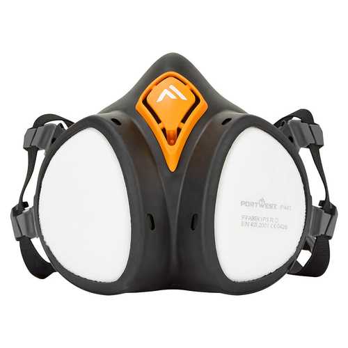 Halbmaske Gebrauchsfertig P441 - ABEK1P3 Portwest Schwarz mit zwei weißen Filtern und verstellbaren Bändern für professionellen Atemschutz.