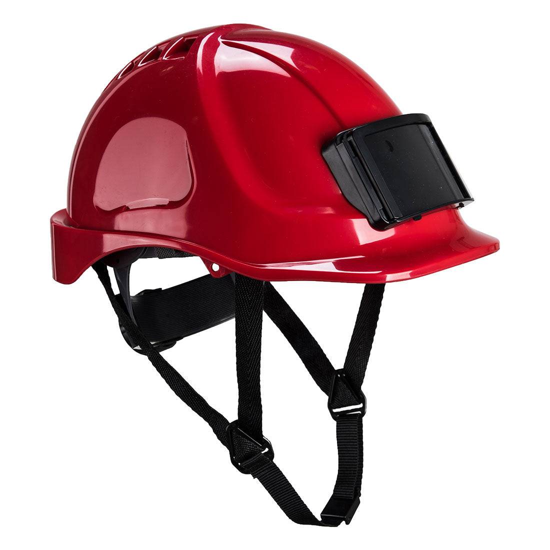 Roter Portwest Endurance Helm PB55 mit Ausweishalter und Kinnriemen für zuverlässigen Schutz auf Baustellen und in Industrieumgebungen.
