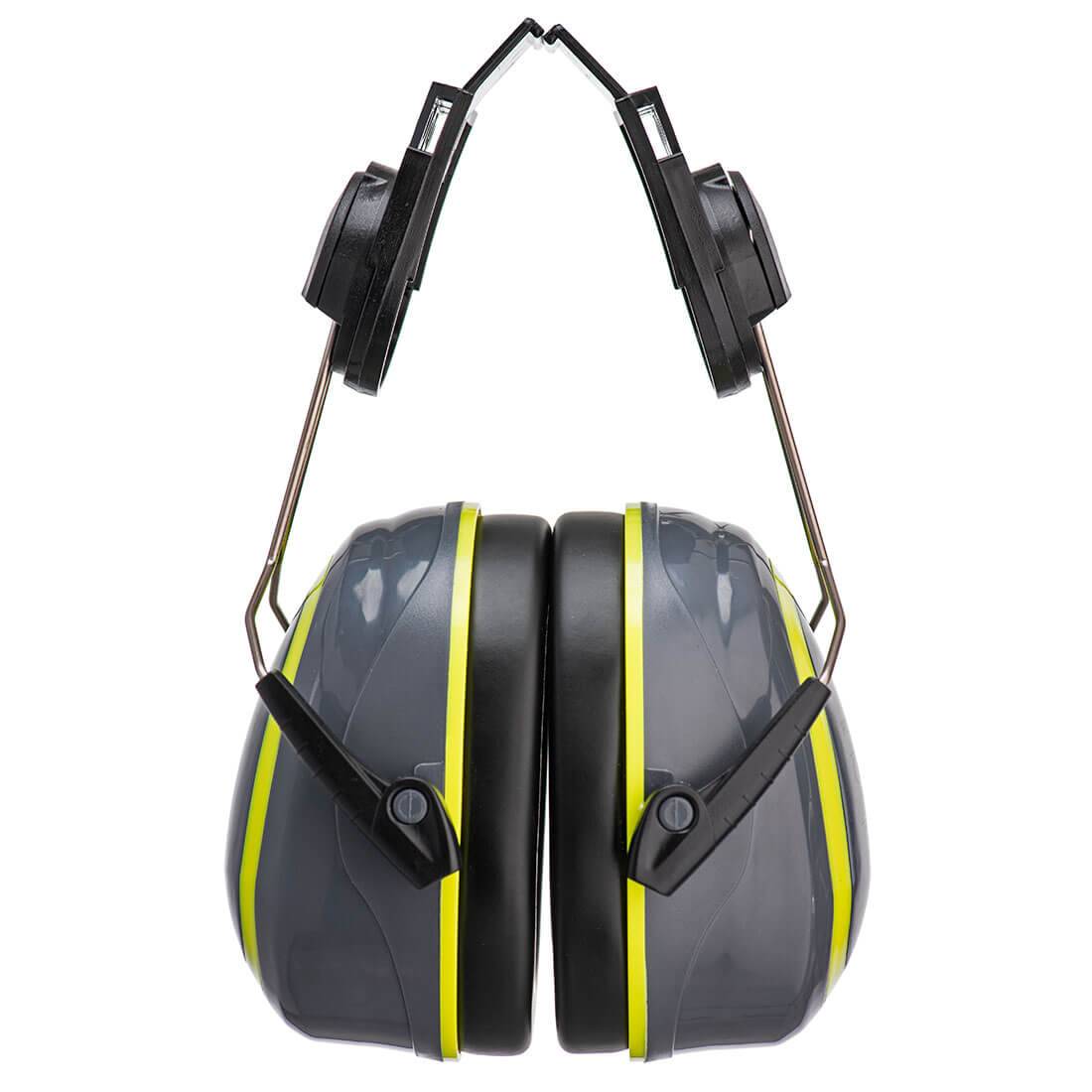 Zusammengefalteter Kapselgehörschutz - PW76 - Portwest HV Extreme Clip-On Grau/Gelb für einfache Aufbewahrung und sicheren Arbeitsschutz.