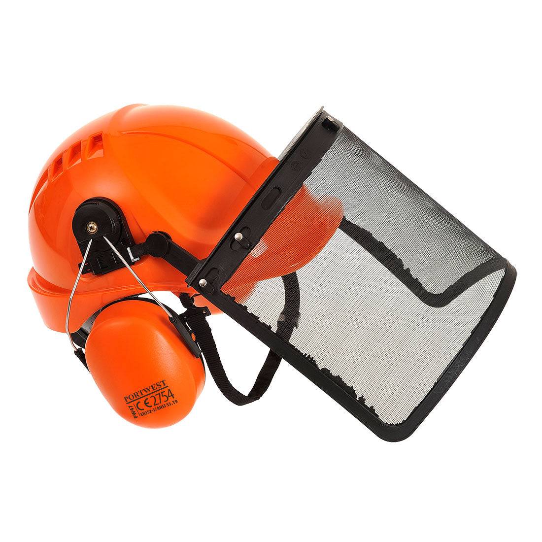 Forstschutzhelm Kombi-Set - PW98 Portwest in Orange mit Gehörschutz und Visier, ideal für Waldarbeiten und Arbeitsschutz im Forstbereich.