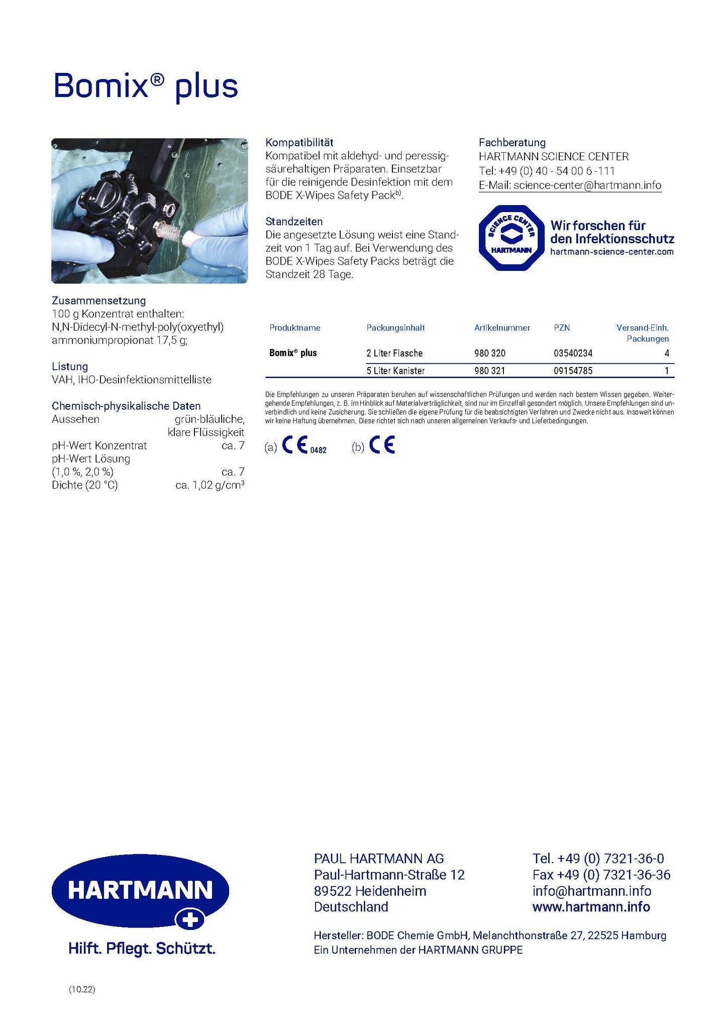 Rückseite des Produktdatenblatts von Bomix® plus Instrumenten-Desinfektionsmittel mit Herstellerinformationen und chemischen Eigenschaften.