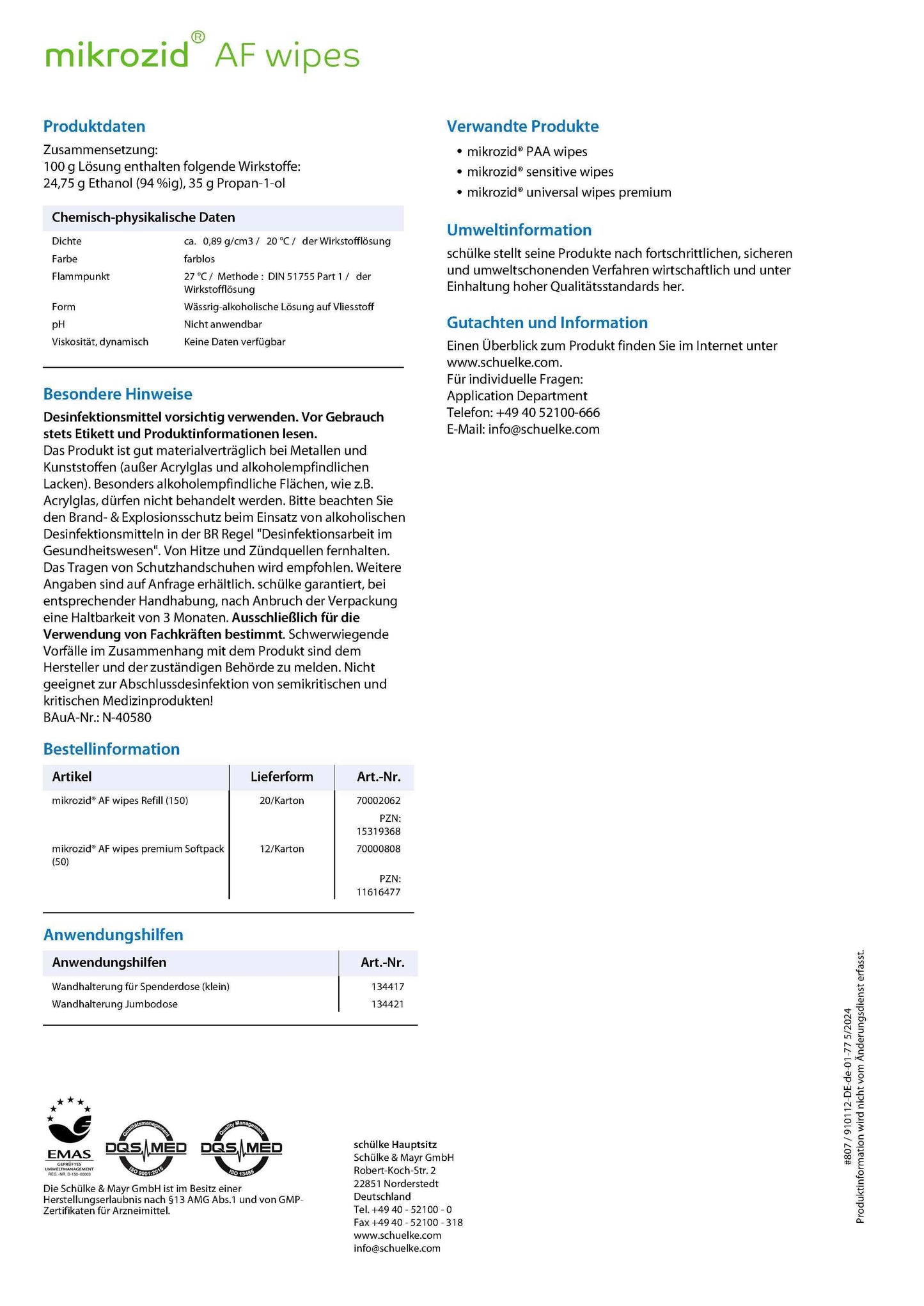 Detaillierte Produktdaten zu Mikrozid® AF Wipes Desinfektionstüchern, einschließlich Inhaltsstoffe, Anwendungshinweise und Umweltinformationen.