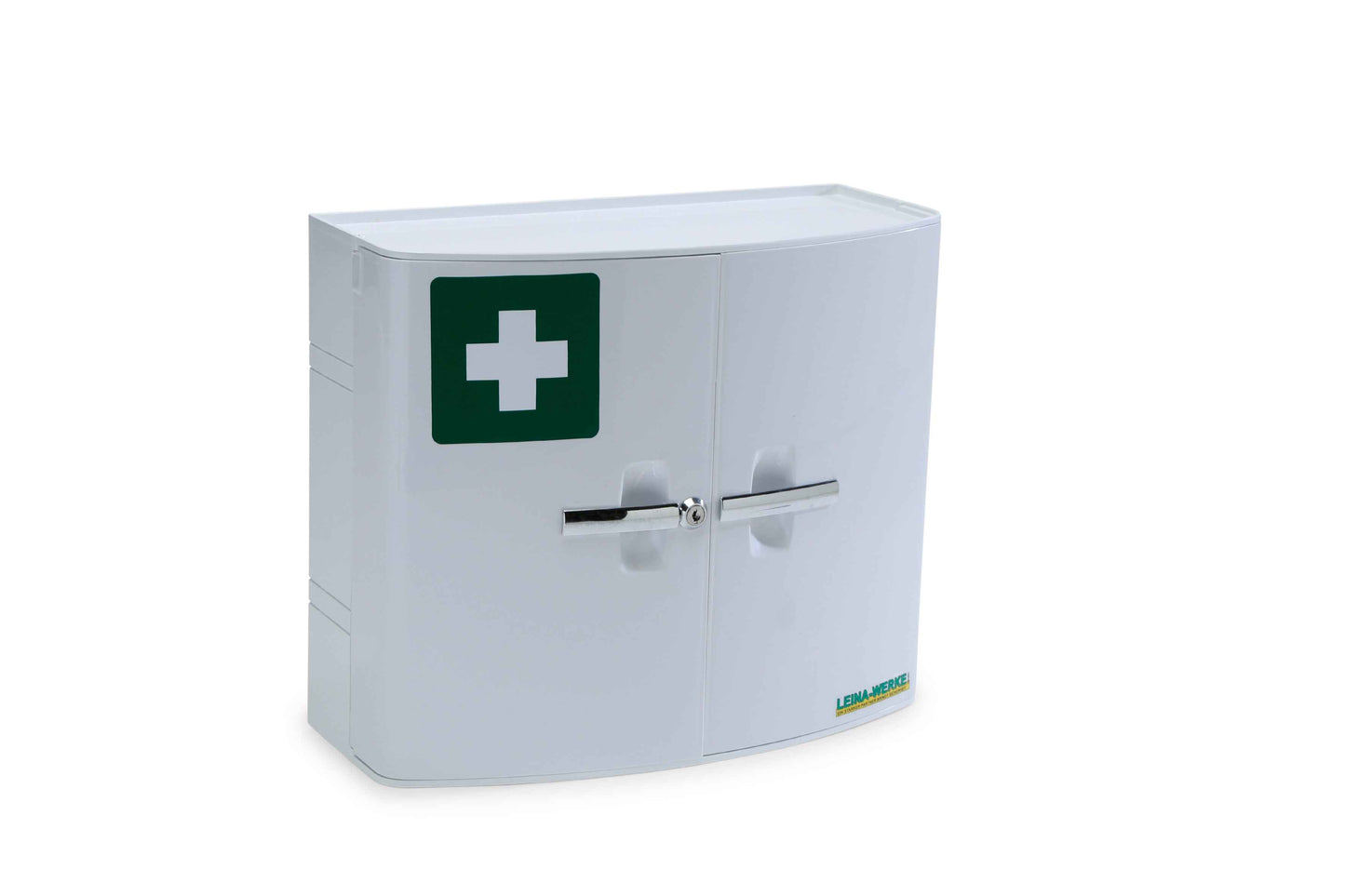 Sani Cab Verbandschrank in Weiß mit grünem Erste-Hilfe-Symbol, abschließbar und 2-türig. Entspricht DIN 13157/13169 für betriebliche Sicherheit.