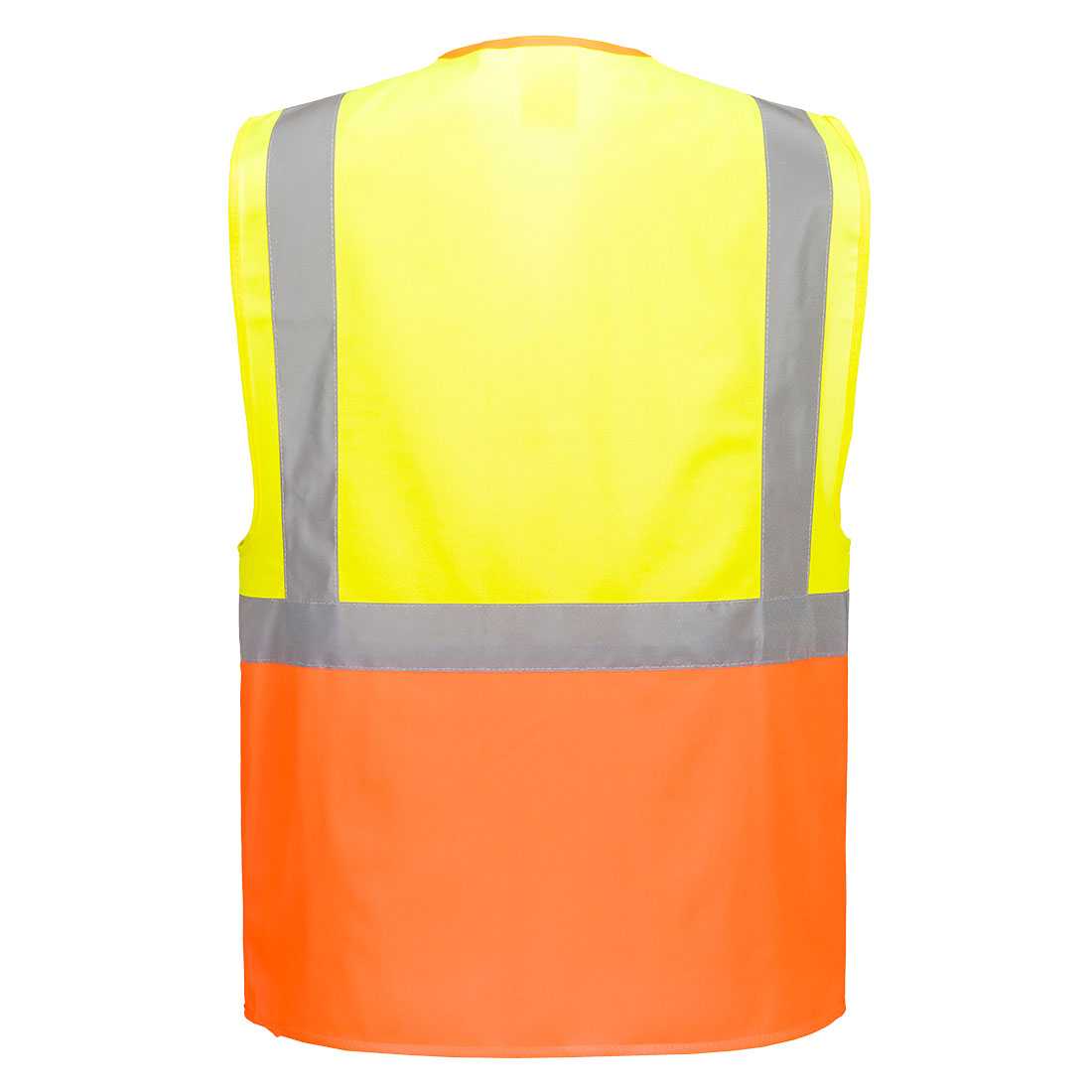 Rückansicht der Prag Hi-Vis Sicherheitsweste in Gelb-Orange mit Reflexstreifen gemäß EN ISO 20471 für maximale Sichtbarkeit bei der Arbeit.