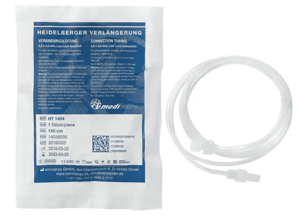 Mediware Heidelberger Verlängerungen 50 Stück mit Luer Lock-Anschluss, steril verpackt für Infusionstherapie im medizinischen Einsatz.