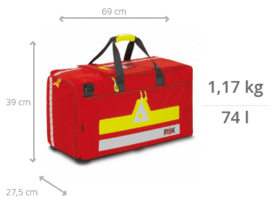 Maße und Gewicht der Bekleidungstasche PAX L: 69x39x27,5 cm, 1,17 kg, 74 Liter Volumen – ideal für umfangreiche Ausrüstung.