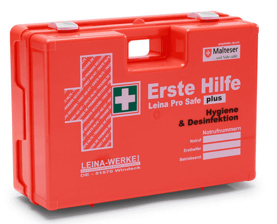 Erste Hilfe Verbandkoffer Leina-Werke Pro Safe plus in Orange mit DIN 13169 Norm für Hygiene & Desinfektion, ideal für Betriebe und Notfälle.
