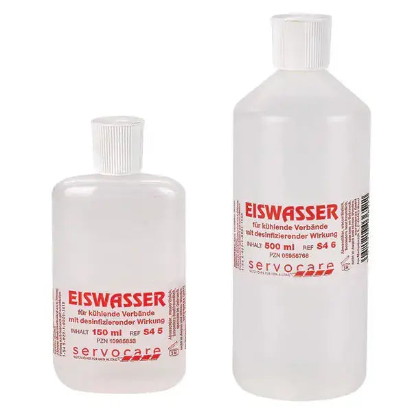 Servocare Eiswasser für kühlende Verbände mit desinfizierender Wirkung, ideal bei Prellungen & Zerrungen. Erste Hilfe bei Sportverletzungen.
