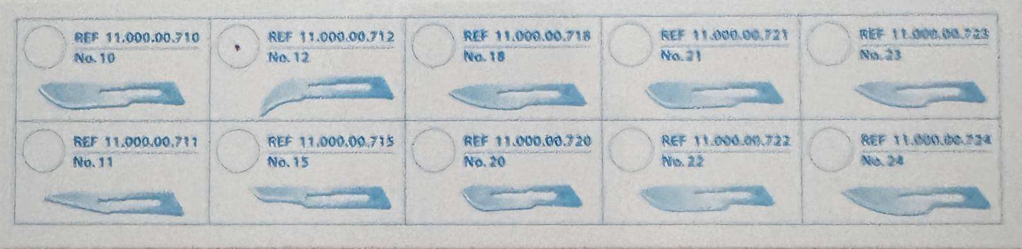 Übersicht der Skalpelle Präzisa Einweg 10 Stück mit Klingenformen Nr. 10 bis 24, ideal für den professionellen Einsatz in der Chirurgie.