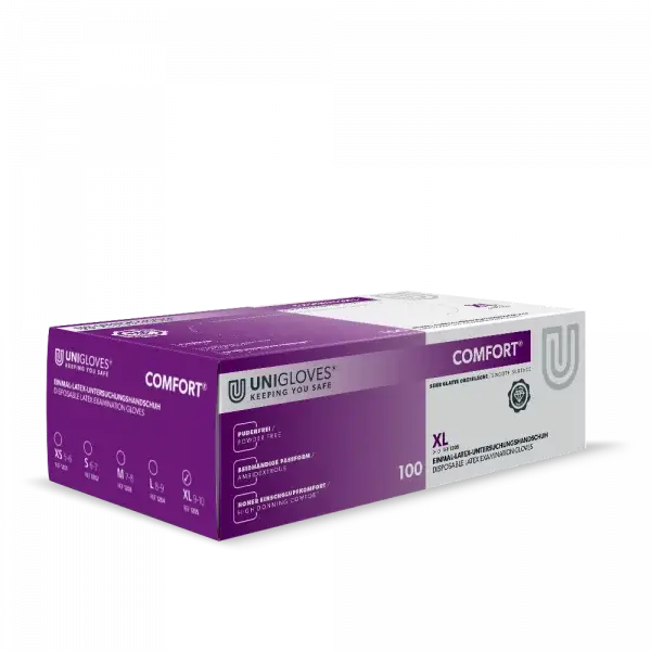 COMFORT® Unigloves Einmalhandschuh Latex XL in violetter Verpackung, 100 Stück für zuverlässigen Schutz in Industrie und Gesundheitswesen.