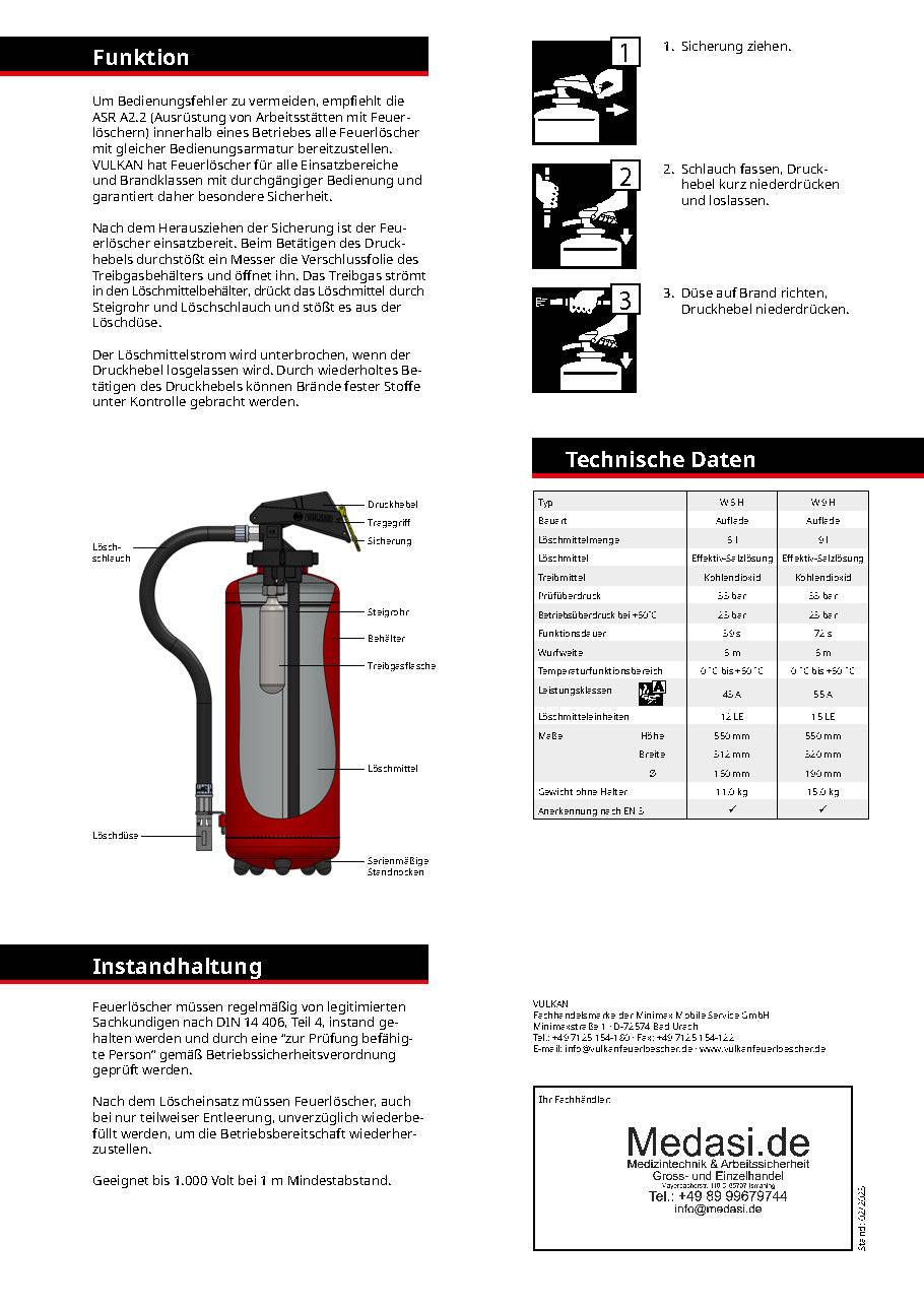 Technisches Datenblatt des Wasser Aufladefeuerlöschers 9 Liter fluorfrei - W9H mit Funktionsbeschreibung, Wartungshinweisen und Aufbauzeichnung.