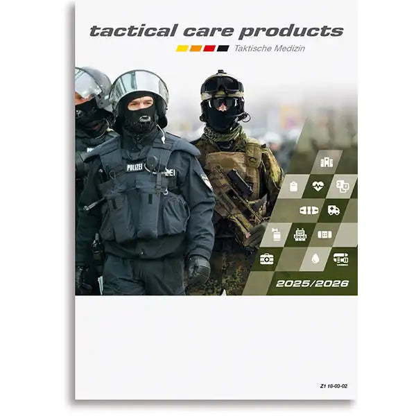 Katalog für Taktische Medizinprodukte mit Einsatzkräften auf dem Cover. Ideal für Polizei, Militär und Rettungsdienste im Profieinsatz.