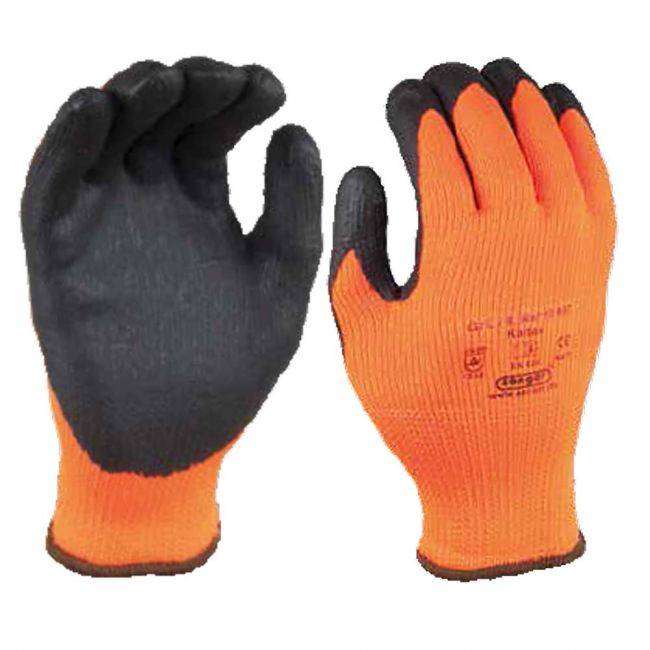 Nitril-Strickhandschuhe - Acryl Winter Flüssigkeitsdicht, Ölgeschützt in Orange mit schwarzer Grobbeschichtung, ideal für Arbeiten bei Kälte.