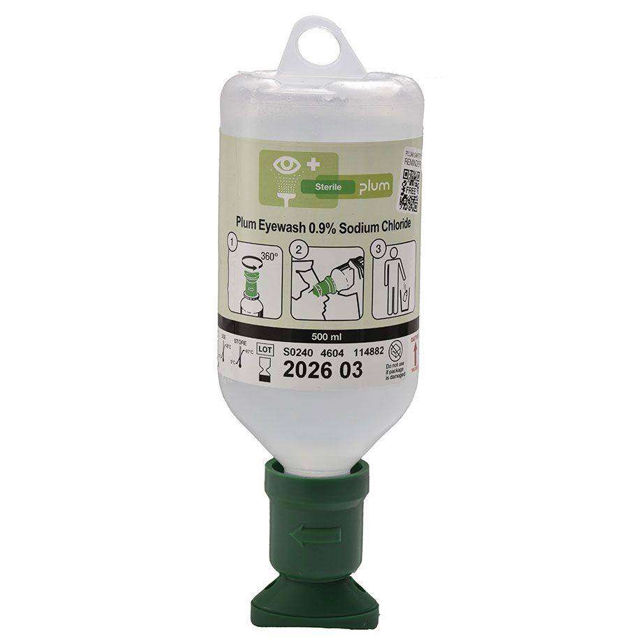Plum Augenspülflasche 500 ml mit 0,9 % Natriumchloridlösung für Erste Hilfe bei Augenverletzungen. Sterile Salzwasserlösung zur schnellen Augenreinigung.