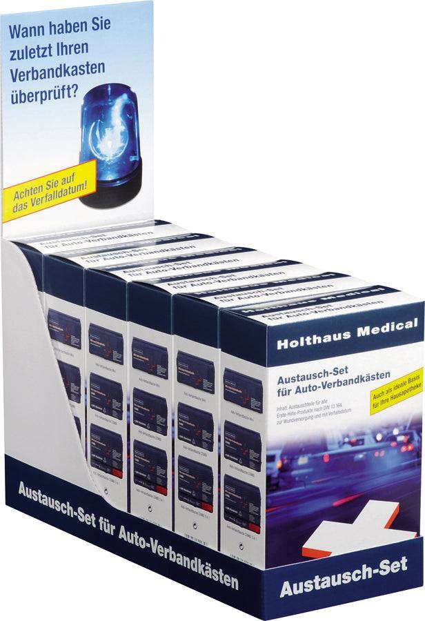 Kompaktes Austauschset nach DIN 13164 von Holthaus Medical. Enthält Heftpflaster, Wundschnellverbände, Fingerkuppenverbände, Pflasterstrips. Erfüllt KFZ Standards.