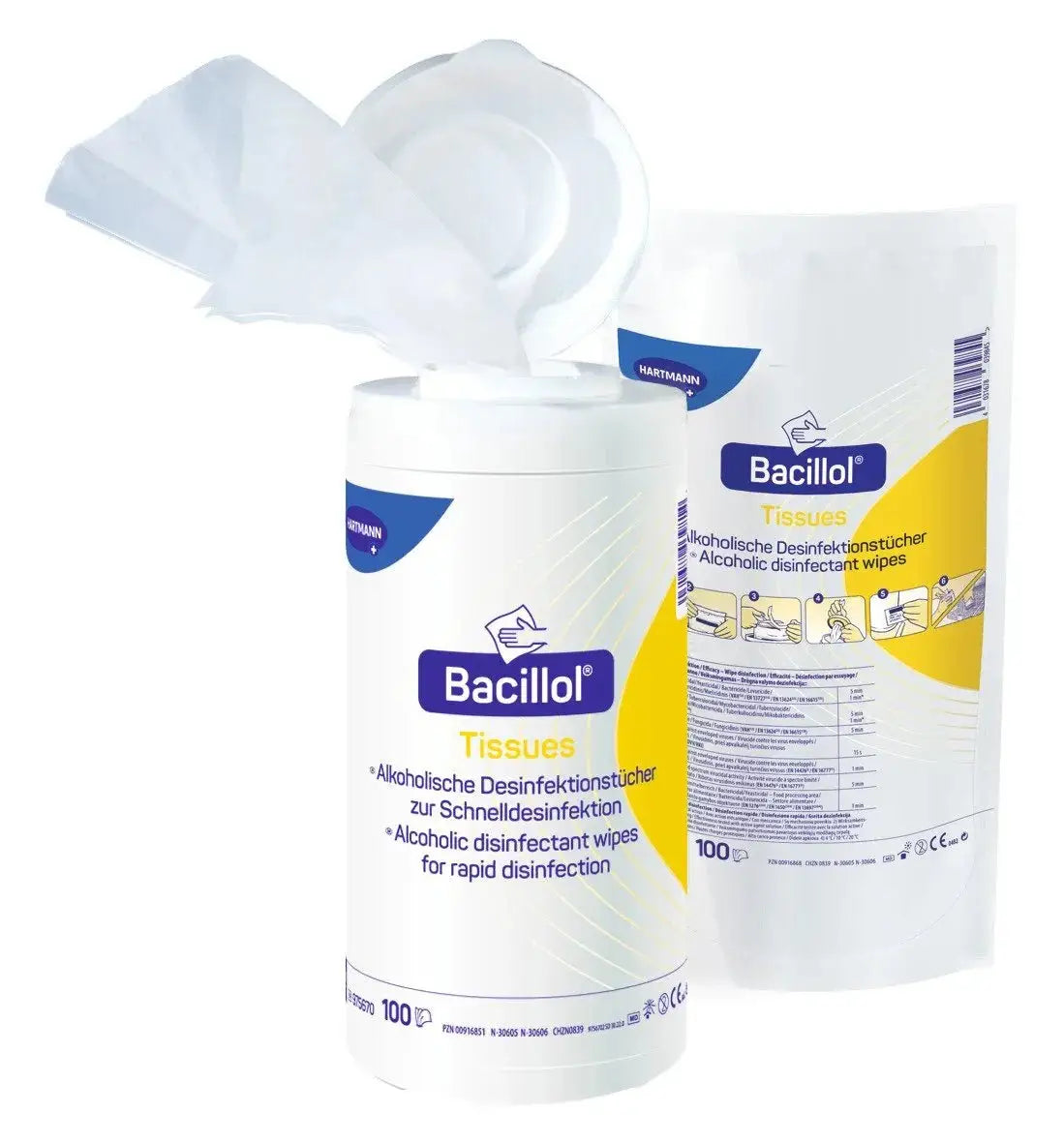 Geöffnete Bacillol® Tissues - Desinfektionstücher 100 mit Nachfüllpackung, ideal für hygienische Reinigung im Haushalt oder gewerblichen Einsatz.
