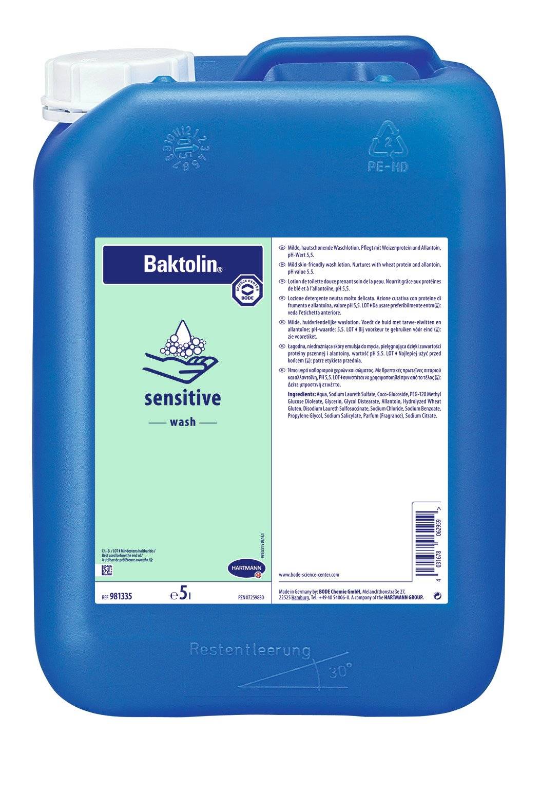 Baktolin® sensitive Körperwaschmittel - pH 5,5 im 5 Liter Kanister. Großpackung für professionelle, sanfte Hautreinigung.