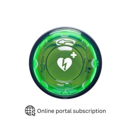 Rotaid 24/7 AED-Überwachung – 1 Jahr Online-Zugang & Kontrolle für grünen AED-Wandschrank mit Herzsymbol. Ideal zur sicheren AED-Lagerung.